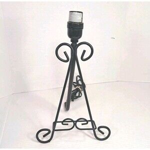 14" Black Wrought Iron Folding Lamp Display Stand Scroll Easel Holder Primitive